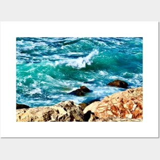 Turquoise Waves and Rocky Cliffs Posters and Art